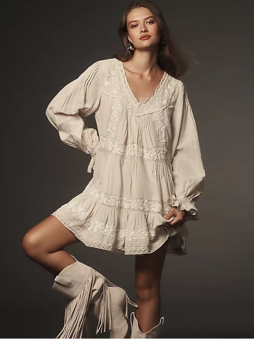 Anthropologie Embroidered Pintuck Swingdress Small